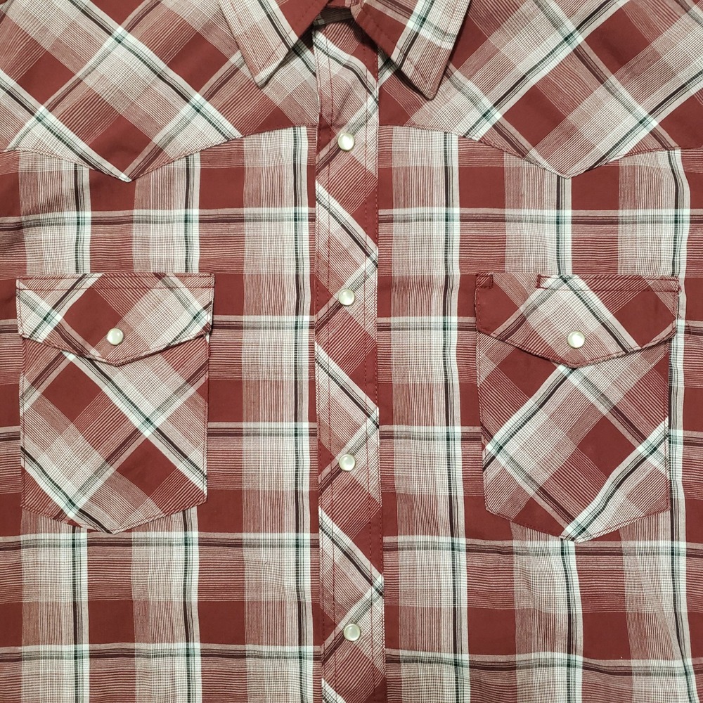 Wrangler Western Shirts Men's‎ 2XL Long Sleeve Plaid Pearl Snap Shirt Burgundy - Picture 3 of 13